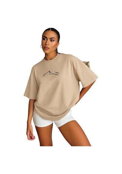 Dağ Baskılı Kadın Oversize Unisex Tişört Bej