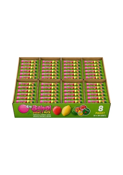 Big Babol Fruit Mix Portakal, Karpuz, Limon, Çilek Aromalı Toz Dolgulu Balonlu Sakız 20 Gr X 28 Adet X 8 Adet-389