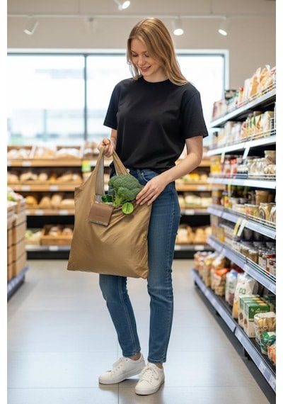 Kapsül Çanta Omuz Çantası Alışveriş Çantası Shopping Bag İnce Paraşüt Kumaş Vizon