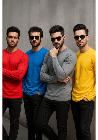 Rich Erkek Sarı-mavi-kırmızı-gri Melanj 4'lü Paket Basic Uzun Kollu Tişört Body T-shirt Çok Renkli