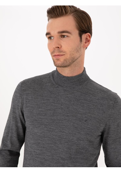 Cacharel Füme Slim Fit Yün Karışımlı Yarım Balıkçı Basic Triko Kazak Gri