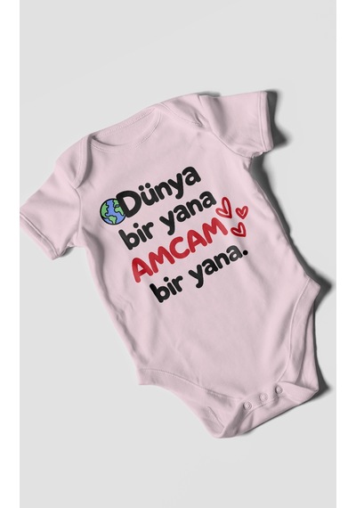 Morivokids Dünya Bir Yana, Amcam Bir Yana Kısa Kollu Bebek Body %100 Pamuk Zbn170-kk Bebe Pembe