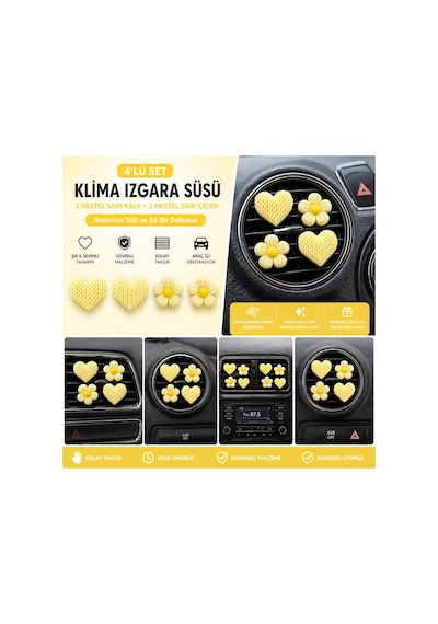 Pastel Sarı Kalp & Çiçek Araç Klima Izgara Süsü 4 Lü Set Dekoratif Oto Havalandırma Aksesuarı