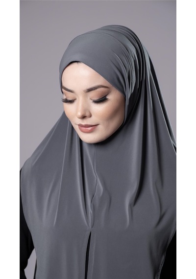 Hürrem Bone Antrasit Pratik Hazır Geçmeli Tesettür Eşarp Sandy Kumaş Yırtmaçlı Düz Hijab 2310 25