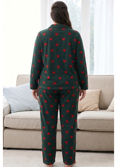 Siyah İnci Desenli Termal Kumaşlı Ultra Soft Yumuşak Büyük Beden Battal Boy Düğmeli Örme Pijama Takımı 26226505 Yeşil