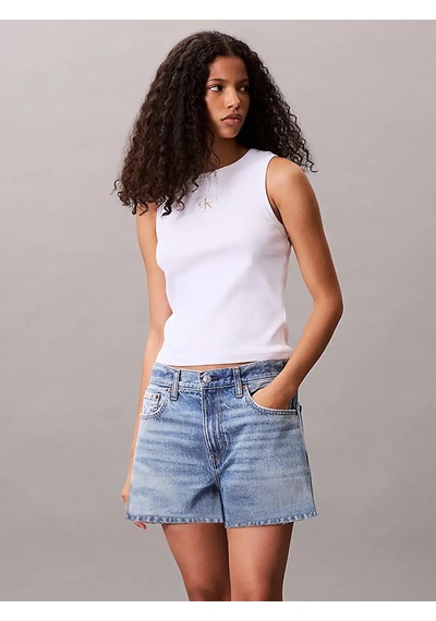 Calvin Klein A - Woven Label 2x2 Cotton Rıb T Beyaz Kadın Tişört