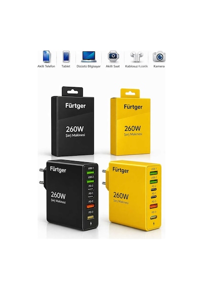 Fürtger German Frt-25w S 2 Li Set 260w 3 Type-c + 3 Usb-a Toplam 6 Çıkışlı Süper Hızlı Şarj Aleti Siyah + Sarı