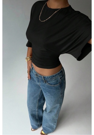 Cool Tarz Kadın Siyah Crop Bluz Yarım Kol Salaş Fit Yüksek Bel Büzgülü Basic Tişört Siyah Siyah Cool Tarz Kadın Siyah Crop Bluz Yarım Kol Salaş Fit Yüksek Bel Büzgülü Basic Tişört Siyah Siyah