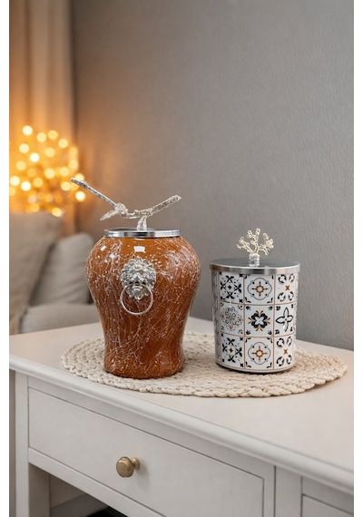 Dekoratif - Kahverengi Mermer Şah Ceramic Silindir Gümüş