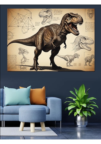 Dinozor T-rex Teknik Çizim Dekoratif Kanvas - Mdf Ahşap Tablo