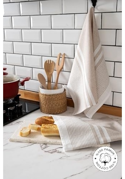 Vionel Home 2&apos Li Mutfak Kurulama Bezi,%100 Pamuk Yüksek Su Emici, Beslenme Örtüsü, Çok Amaçlı Servis Peçetesi 45x60cm Bej Açık Bej