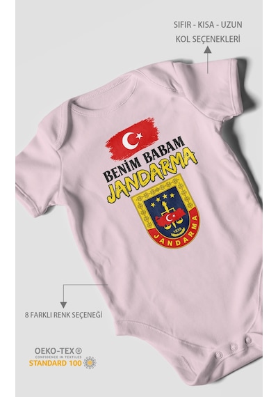 Morivokids Benim Babam Jandarma Kısa Kollu Bebek Body %100 Pamuk Bebe Pembe