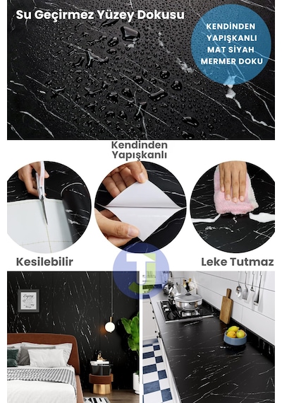Technojet Kendinden Yapışkanlı Mat Mermer Desen Folyo Mutfak Banyo Tezgah Duvar Kaplama 60cmx500cm Siyah