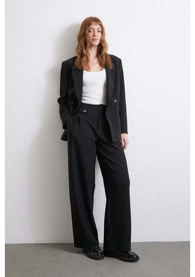 Never More Bel Detaylı Wide Leg Pantolon Siyah Siyah