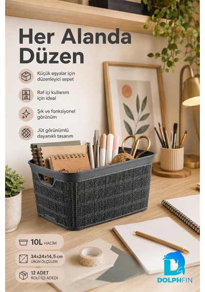 Jute Çok Amaçlı Kutu 10 L Plastik Mutfak Banyo Dolap İçi Düzenleyici Siyah