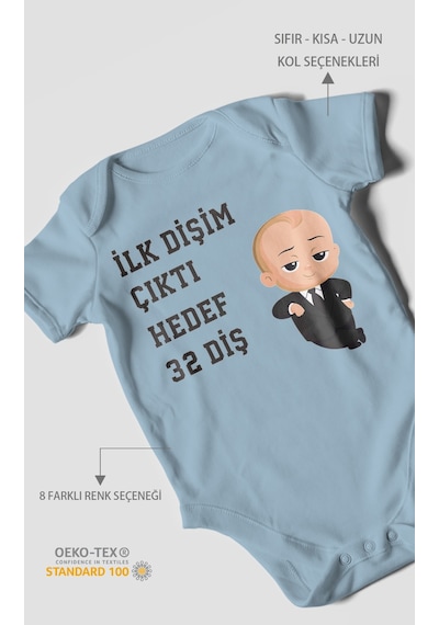 Morivokids İlk Dişim Çıktı Hedef 32 Diş Kısa Kollu Bebek Body Bebe Mavisi