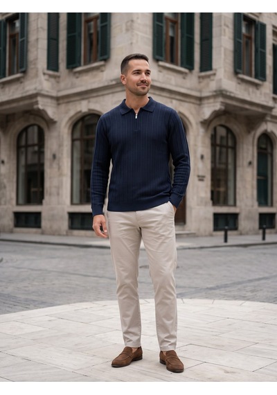 Maccali Erkek Lacivert Fitil Detaylı Fermuarlı Polo Yaka Triko Sweatshirt