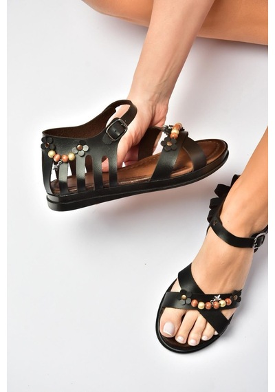 Fox Shoes Y390360203 Siyah Hakiki Deri Kadın Sandalet