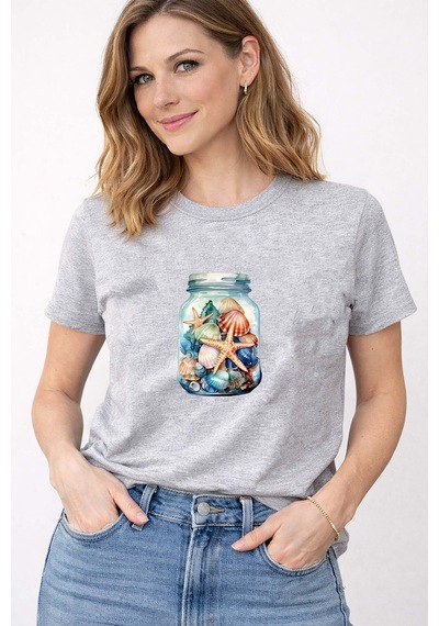 Herkesemoda Kadın Yazlık Deniz Temalı Baskı Detaylı Bisiklet Yaka Pamuklu T-shirt Gri