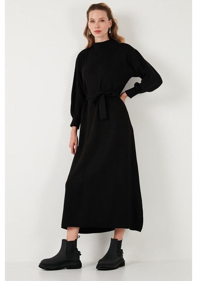 Lela Modest Relaxed Fit Bisiklet Yaka Triko Bayan Elbise 4616198 Siyah