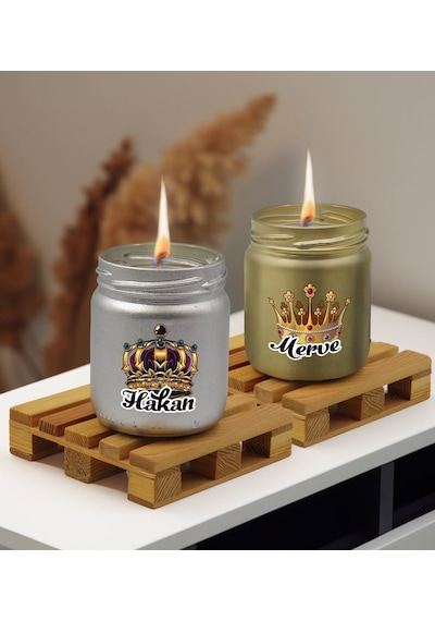 Bk Gift Kişiye Özel Dtf Kral Kraliçe Tacı 2 Li Gümüş Ve Gold Renkli Cam Kavanozda Kokulu Mum-1, Arkadaşa Hediye, Sevgiliye Hediye