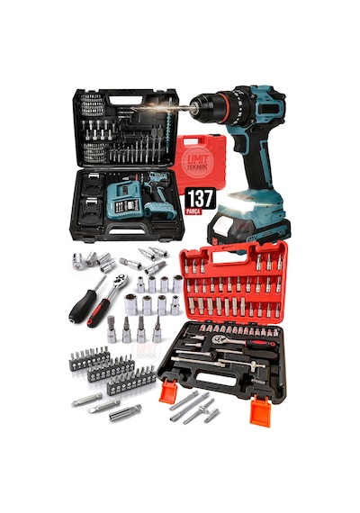 137 Pcs Usta Seri Kömürsüz Turbo Metal Mandren 2x Akülü Darbeli Matkap Vidalama Cırcırlı Lokma Takım
