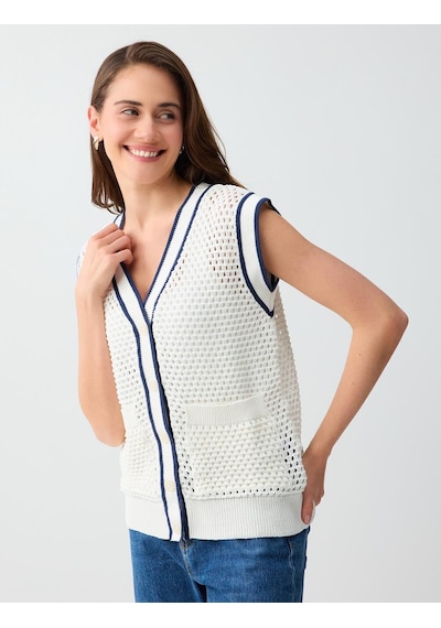 Jimmy Key Kırık Beyaz Pamuklu Rahat Kesim Cep Detaylı Ajurlu Triko Yelek 6sw306726106