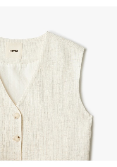 Koton Viskon Keten Karışımlı Düğmeli Crop Blazer Yelek Bej 5sak20031pw Ekru