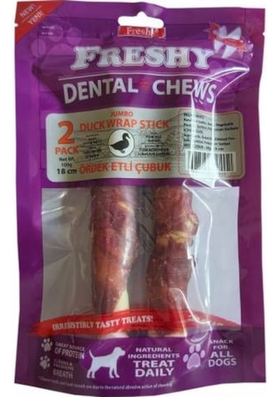 Freshy Ördek Eti Kaplı Jumbo Beyaz Dental Deri Çubuk 3 x 2'li 18 CM
