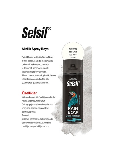 Selsil 400 Ml X 7, Mat Beyaz Akrilik Sprey Boya Ve Rosie Mat Beyaz - Ral 9010