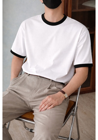 Tarz Cool Erkek Kontrast Yaka Basic Tişört Modern Ve Şık T-shirt Beyaz