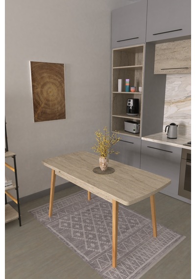 Vilinze Avanos Ahşap Açılır Kapanır Mdf Traverten Mutfak Masası - 70x120+30 Cm