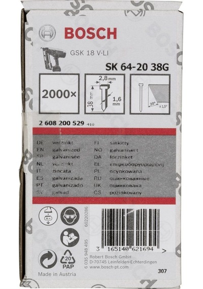 Bosch - Başsız Çivi 20ᵒ 38 MM Galvanizli 2000li