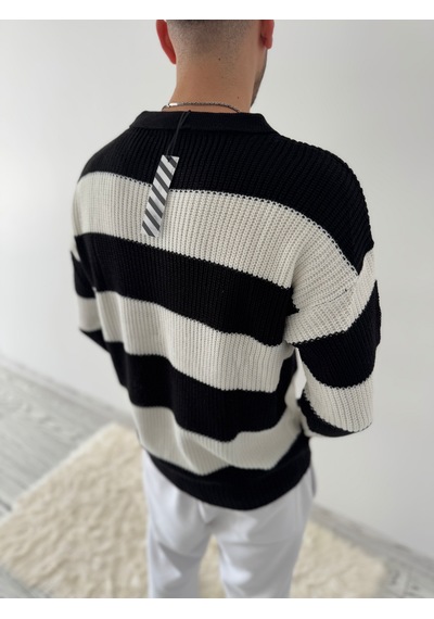 Say-Has Fashion Rahat Kalıp Erkek Polo Yaka Çizgili Triko Kazak Siyah