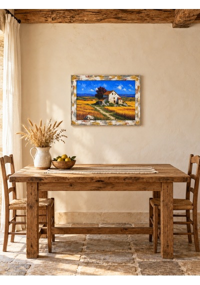 Ahşap Eskitme Çerçeve Görünümlü Köy Evi Ve Buğday Tarlası Manzaralı Dekoratif Ahşap Tablo 52x37 Cm