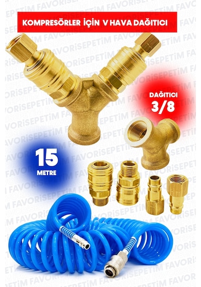Yüksek Kalite Havalı Kompresörler Için 2'li Dağıtıcı Ve Hava Giriş Rekorları 3/8'' 15 Metre Hortum