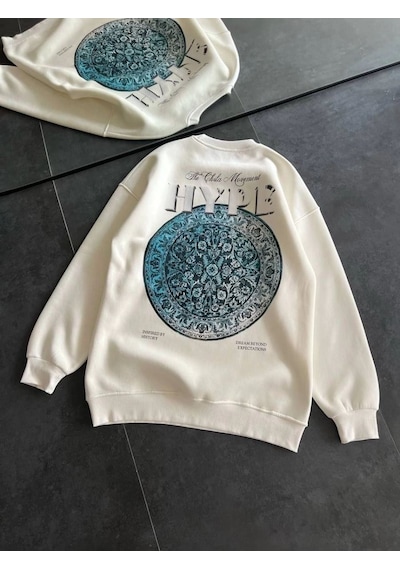 Kadın 3 İplik Pamuklu Bisiklet Yaka Baskılı Sweatshirt - Beyaz
