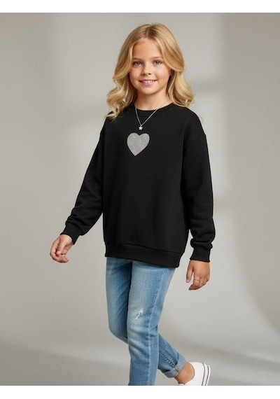 Kız Çocuk Pamuklu Yumuşak Dokulu Kalp İşlemeli Sweatshirt-16803 Siyah