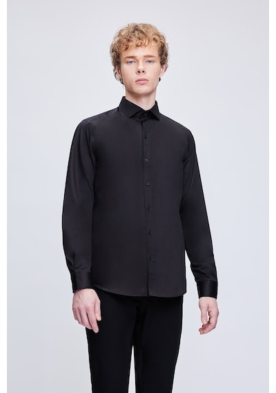 Hatemoğlu Siyah Slim Fit 100% Pamuk Açık İtalyan Yaka Uzun Kollu Saten Gömlek 24d190000045 002 Siyah