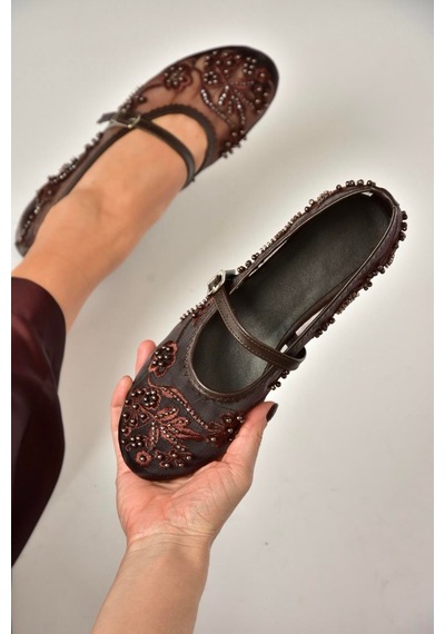 Fox Shoes Y726330115 Kahverengi File İnci Detaylı File Kadın Babet Kahverengi