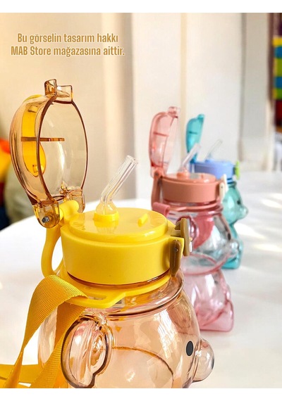 Sevimli Ayıcık Figürlü Su Matarası - Ayıcıklı Smile Şeffaf Suluk Okul Su Şişesi 700ml Pembe Plastik Diğer