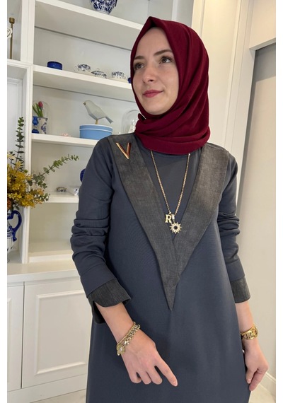 Rabia Şamlı Venüs Cupra Detaylı Triko Elbise Antrasit Normal