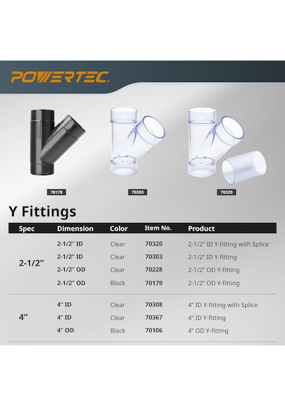 Powertec 70179v 2-1/2-inç Y-bağlantı Toz Toplama Hortum Konektörü, Siyah