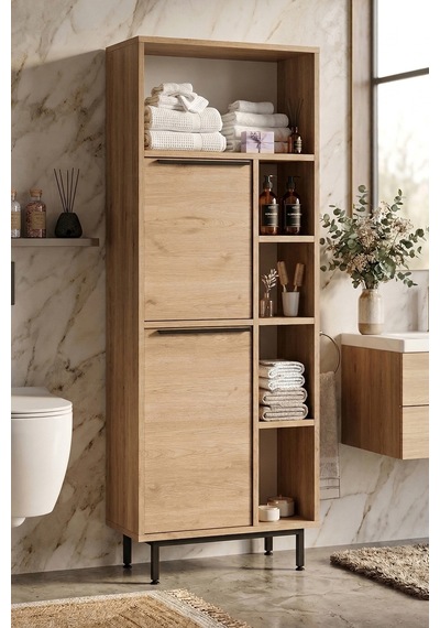 Yurudesign Ocean Banyo Dolabı Çok Amaçlı Dolap 2 Kapaklı Metal Ayaklı Sepet On10C-S Kahverengi