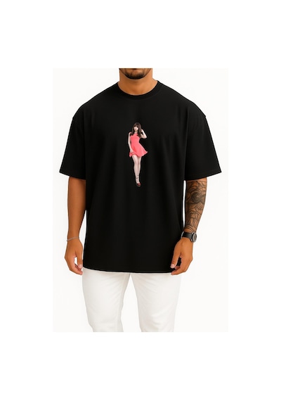 Bahriyeli Collection Oversize Yura South Korea Kcon Girl's Day K-pop Göğüs Tasarımlı Unisex T-shirt Siyah