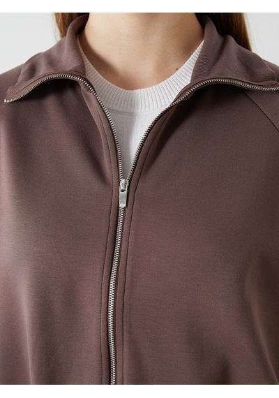 Lcwaıkıkı Classic Kahverengi Dik Yaka Oversize Kadın Fermuarlı Sweatshirt