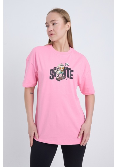 Velvoria Oversize Kadın Shate Baskılı Pembe Renk T-shirt