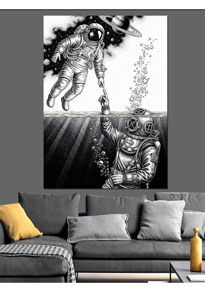 Su Altında El Ele Astronotlar Dekoratif Kanvas - Mdf Ahşap Tablo