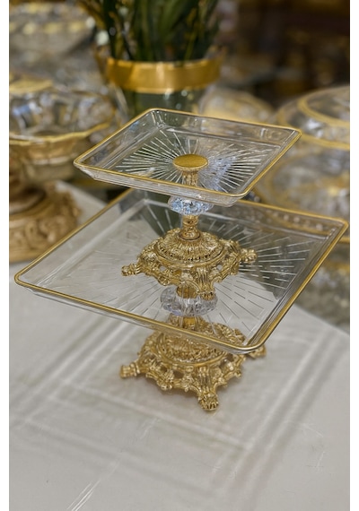 Assa Bazaar Gold 2 Parça Kare Döküm Ayaklı Pasta Sunum Seti | Kurabiyelik Cam Servis Tabağı