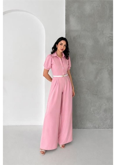 Neşeli Butik Kadın Pembe Gömlek Yaka Kemerli Geniş Paça Tulum Nbk4197